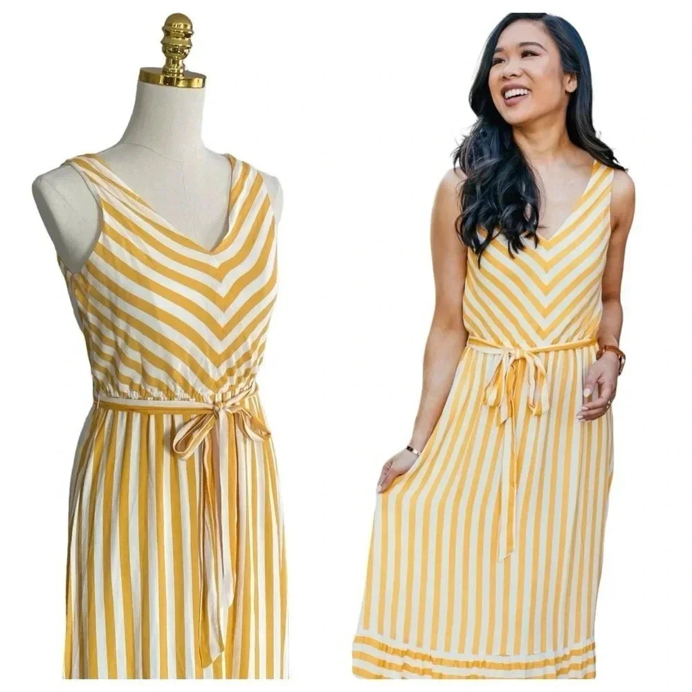 LOFT | Women Mustard/White Striped Chevron Flounce Maxi Dress Size 0P - Picture 4 of 15